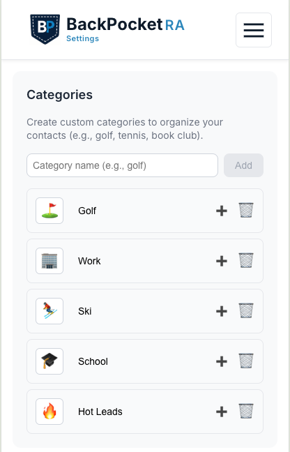 BackPocketRA contact categories