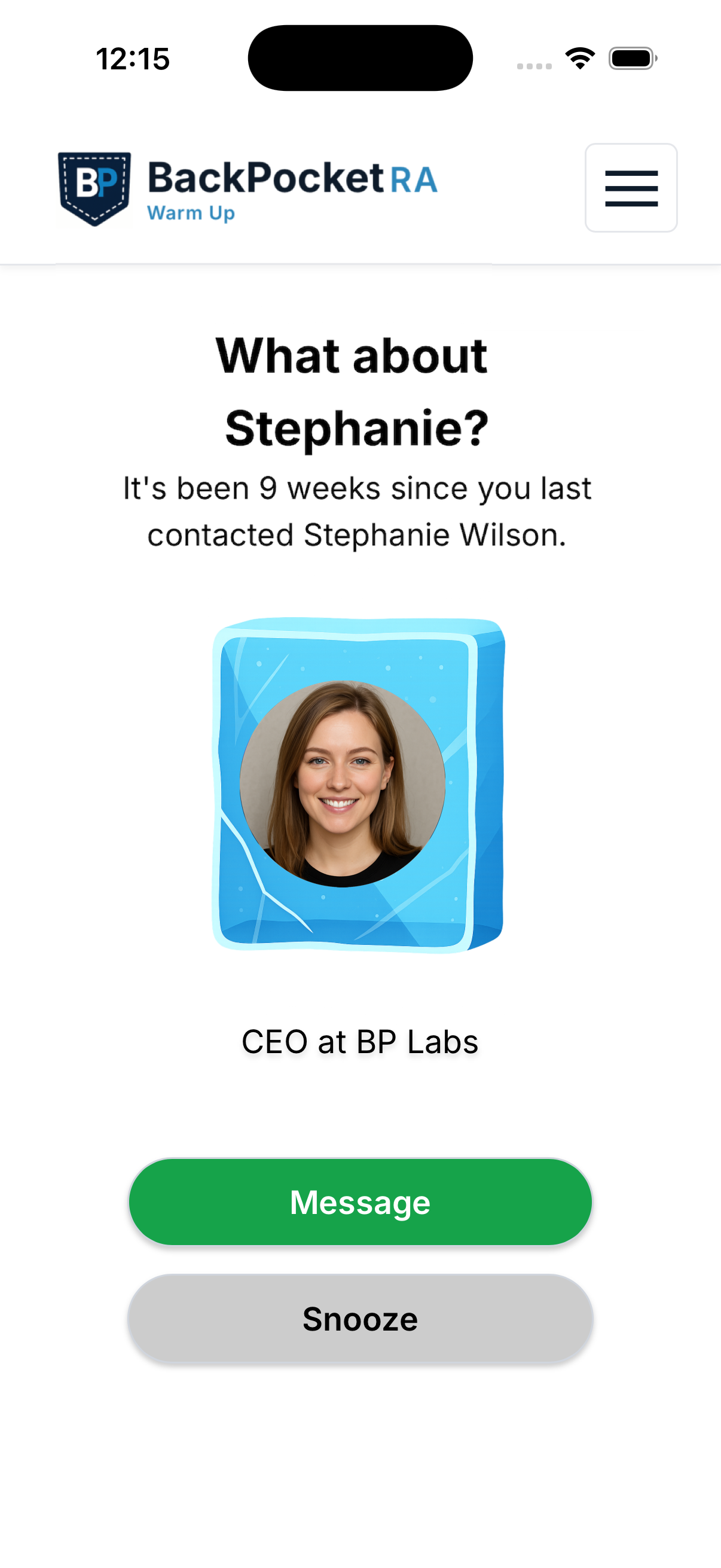 BackPocketRA app showing contact reminder